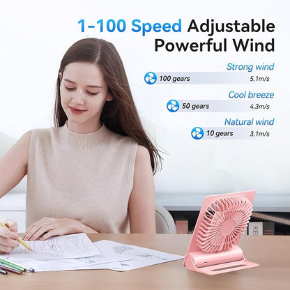 Desk Fan, 6.61''Ultra-thin Battery Powered Fan with Powerful Wind,100 Speeds Adjustable&Digital Display,Timer,Ultra-quiet Small Portable Fan for Bedroom,Office,Travel (White and Pink, 5000mAh)