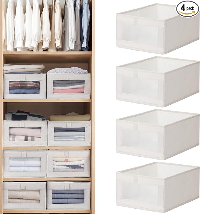 VZZNN 4 Pack Linen Organizers and Storage, Closet Storage Bins Linen Closet Baskets for Organization Foldable Organizer Bins with Clear Window for Organizing Clothing, Beige