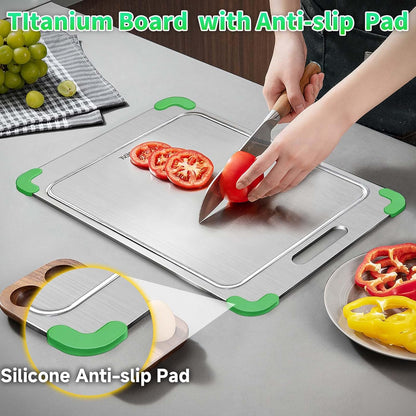 100% Pure Titanium Cutting Board with Grooves, Update Double Side Titanium Chopping Board, Silicone Anti-slip Stainless Cutting Boards for Kitchen 10 * 14 IN, Green