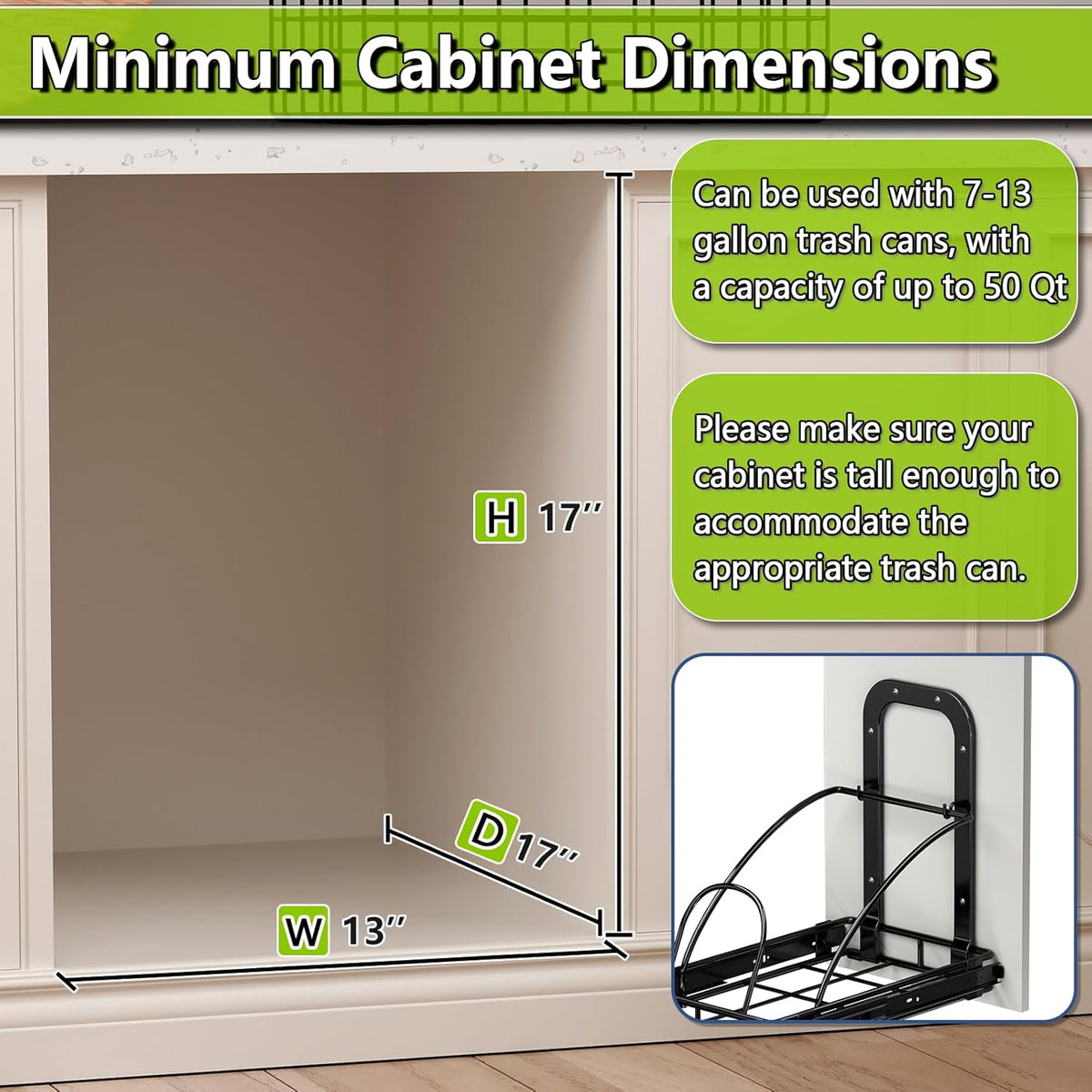Pull Out Trash Can Under Cabinet 7-13 Gallon 50 Qt Under Sink Trash Can Pull Out Trash Can for Kitchen Cabinets Slide Out Garbage Can Under Counter, Black