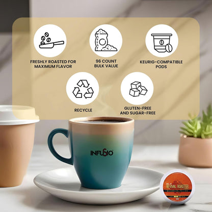 InfuSio Coffee Pods Variety Pack – 96 Count, 12 Crafted Medium & Dark Roast Blends and Artisan-Inspired Flavors Like Bourbon Pecan & Butter Toffee