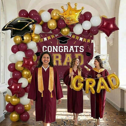 Maroon White Gold Balloon Garland Arch Kit with backdrop Stars Graduation Cap crown GRAD Letters Mylar Balloons for 2026 graduate Prom Decorations