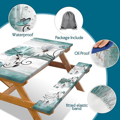 Rustic Farmhouse Teal Flower Picnic Table Cover with Bench Covers, Waterproof Teal Daisy Floral Flowers Butterfly on Country Wooden for Camping Indoor Outdoor Party Decorations, 30X72in
