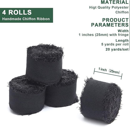 4 Rolls Black Handmade Fringe Chiffon Silk Ribbon 1" W x 5Yd Per Roll,Frayed Edges Ribbon Set for Gifts Wrapping,Wedding Invitations,Bouquets,DIY Crafts (1" x20Yd, Black)