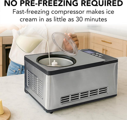 Whynter Ice Cream Maker Machine Automatic 2.1 Qt. with Built-In Compressor, LCD Digital Display & Timer, No Pre-Freezing, ICM-200LS, Stainless Steel