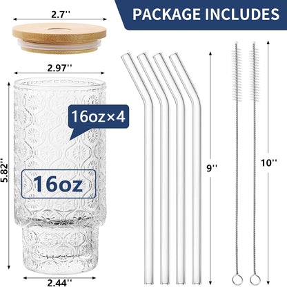 16 Oz Glass Cups Set of 4, Vintage Embossed Floral Glass Tumbler, Iced Coffee Cups with Lid, for Whiskey Cocktail Beer (4 PACK)