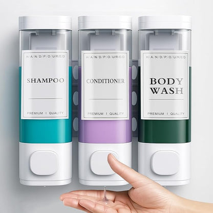 CeeVian Shampoo Dispenser Shower Dispenser 3 Chamrber No Drill Wall Mounted for Shower Shampoo and Conditioner Dispenser for Bathroom, Toilet, Hotel & Kitchen,3 * 300ML (White)