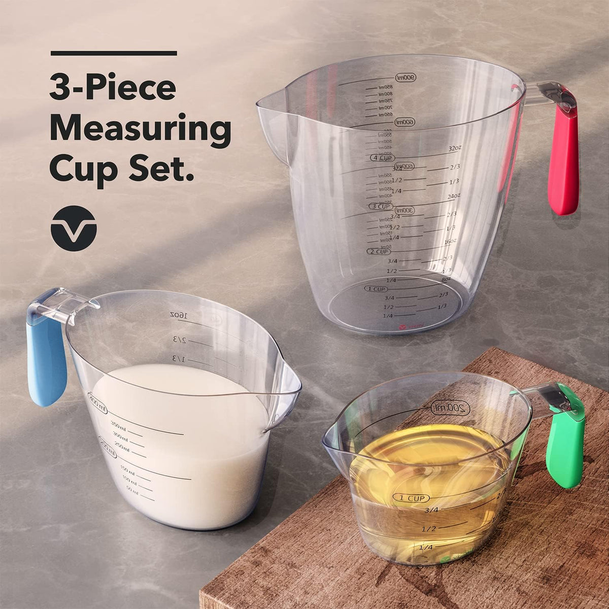 Vremi 3 Piece Plastic Measuring Cups Set - BPA Free Liquid Nesting Stackable Measuring Cups with Spout and Decorative Red Blue and Green Handles