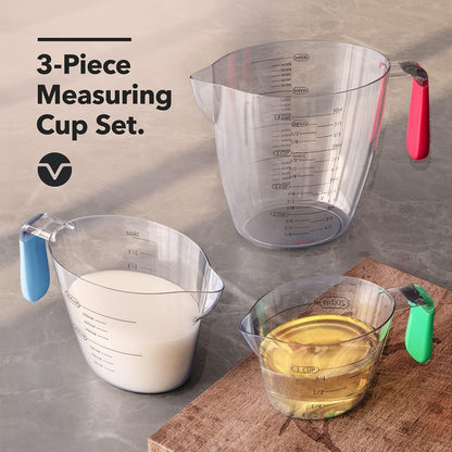 Vremi 3 Piece Plastic Measuring Cups Set - BPA Free Liquid Nesting Stackable Measuring Cups with Spout and Decorative Red Blue and Green Handles