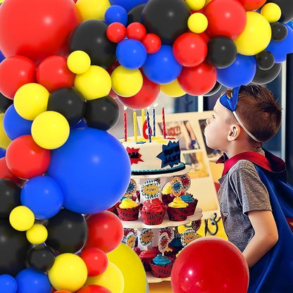 Red Yellow Blue Black Balloon Garland Arch Kit - Red Blue Black Yellow Balloons Spider Hero Birthday Decorations for Super Boy Hero Man Robots Video Game theme Birthday Carnival Circus Party Decors
