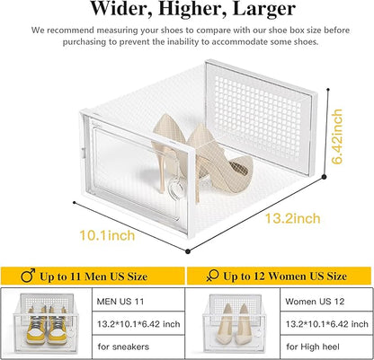 Kuject X-Large Shoe Storage Boxes Organizers Clear Plastic Stackable 12 Pack, Shoe Rack & Holder Substitute, Sneaker Containers, Toy Storage Organizer Bins for Entryway, Closet, Under Bed, White