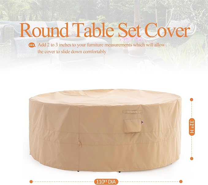 WJ-X3 Round Patio Furniture Cover, 110" D x 31" H, Waterproof, UV Resistant, Anti-Fading Outdoor Cover for Round Dining Table and Chairs Set, Beige