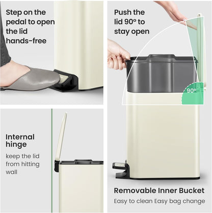 Cesun Small Bathroom Trash Can with Lid Soft Close, Step Pedal, 6 Liter / 1.6 Gallon Stainless Steel Garbage Can with Removable Inner Bucket, Anti-Fingerprint Finish (Creamy White)