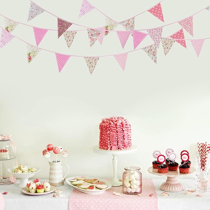 Zwiebeco 39Ft Pink Floral Fabric Bunting Banner Triangle Flag Party Decorations Hanging Cotton Rustic Vintage Flowers Garland Pennants for Wedding Birthday Tea Nursery Home Outdoor Garden Accessories