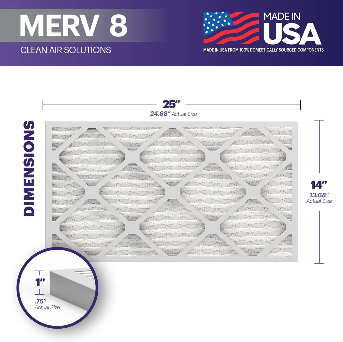 BNX TruFilter 14x25x1 Air Filter MERV 8 (6 Pack) - MADE IN USA – Dust & Pet Defense Electrostatic Pleated Air Conditioner HVAC AC Furnace Filters for Dust, Pet, Mold, Pollen MPR 600 – 700 & FPR 5