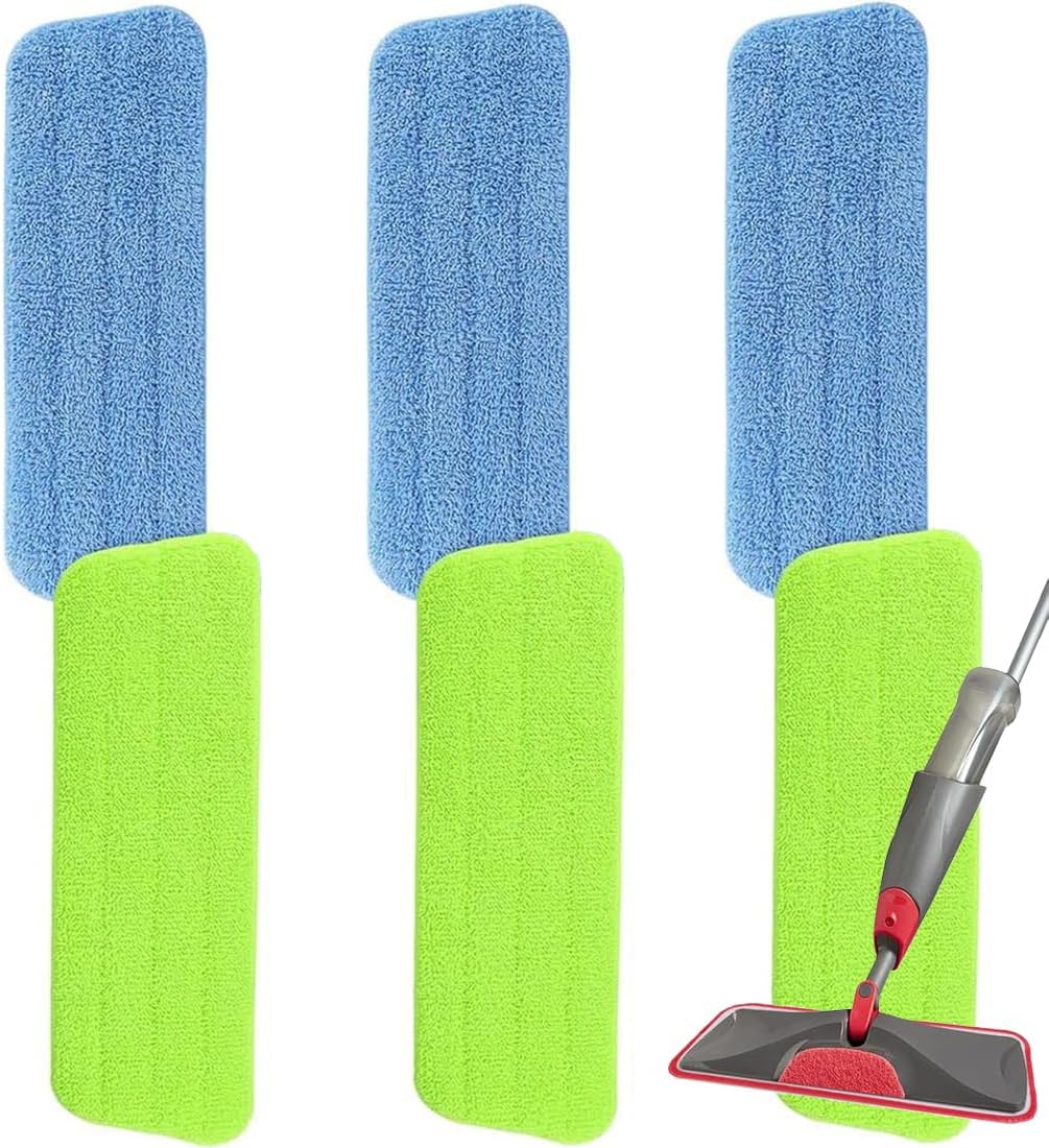 16.5 inch Microfiber Mop Pads for Rubbermaid Reveal Spray Mop and Any 16.5" Flat Mop - 6 Pack 13''-15'' Spray Mop Pad Reusable Washable Replacement Refills - Blue & Green