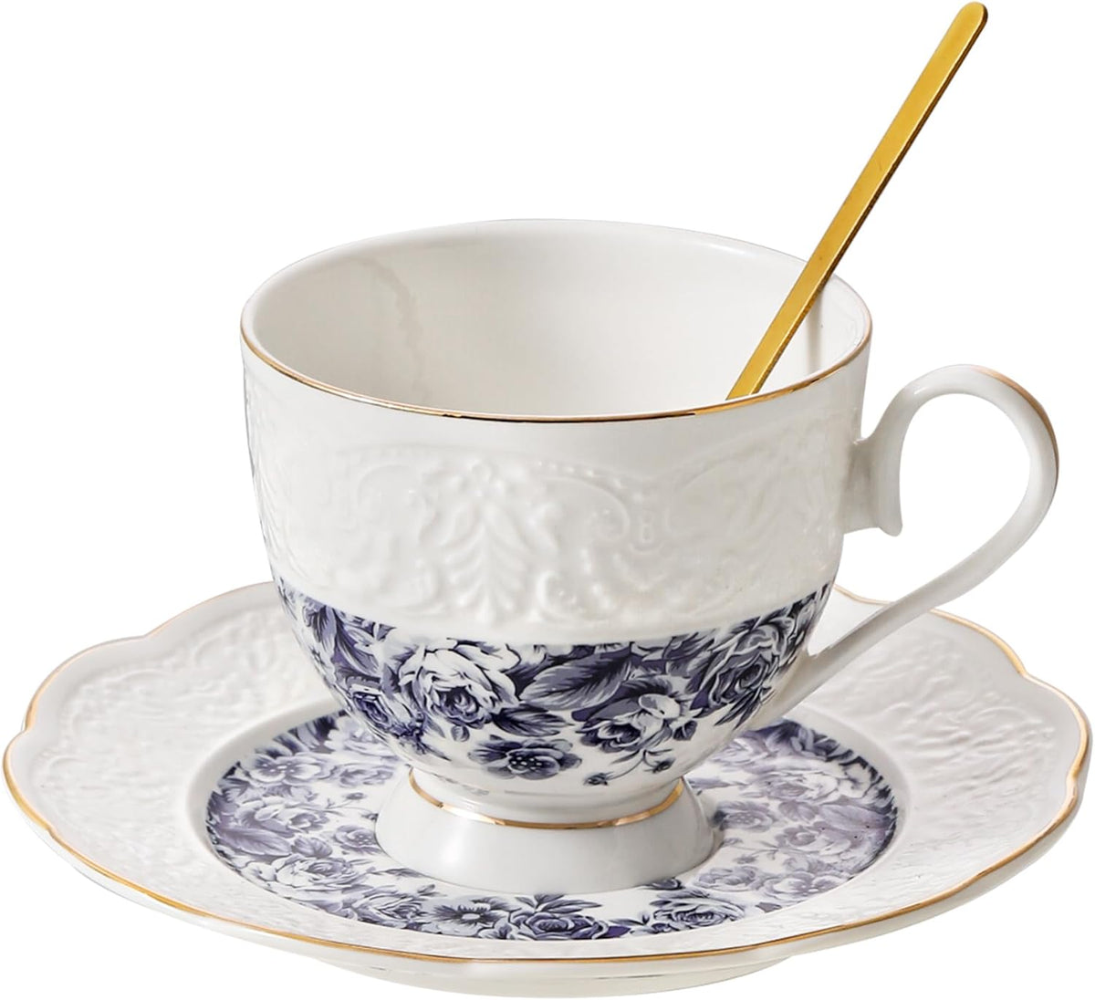TATSUMI Interglio Embossed Bone China Tea Cup and Saucer Set, 3 Pieces Vintage Style Coffee Cup & Saucer Set For Women Wedding Gift (Starry Sky Rose, 1 set)
