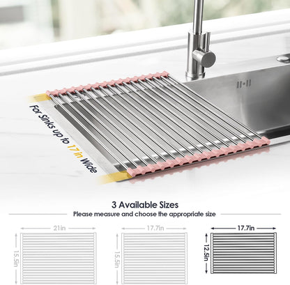 Tomorotec 17.7" x 12.5" Roll Up Dish Drying Rack Over Sink Drying Rack Sink Cover Kitchen Sink Accessories Gadget Multipurpose Organizer Foldable Stainless Steel Drainer