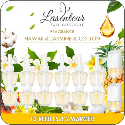 Plug in Air Fresheners Refills, Essential Oil Scented Refill with 2 Warmer, Jasmine, Hawaiian, Cotton, Long Lasting Home Fragrance for Bathroom, Compatible with Airwick, Compatible with Glade