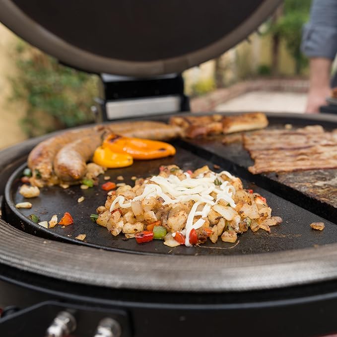 Kamado Joe Half-Moon Cast Iron Reversible Flat-Top Griddle with Smooth and Ribbed Surface for Classic Joe Charcoal Grill and Smokers in Black, Model KJ-HCIGRIDDLE