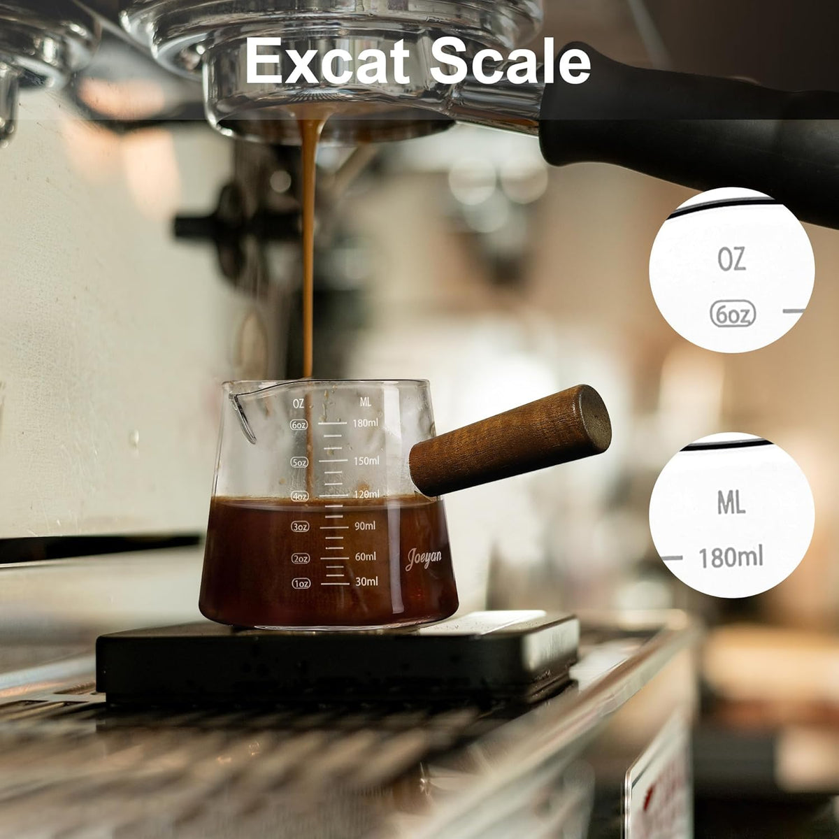 Joeyan 6 oz Glass Measuring Cup with Double Spouts,Borosilicate Espresso Shot Glasses with Wooden Handle