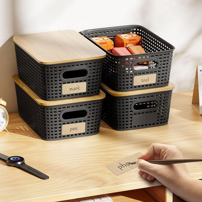6Pcs Storage Bins with Lids, Stackable Plastic Storage Basket with Bamboo Lid, Pantry Organizer Box Small Containers for Organizing Shelves Drawer Desktop Closet Cabinet Office Classroom 10x7.1x4.1in