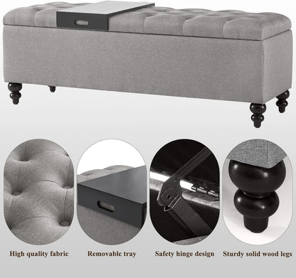 Storage Ottoman 50.2 Inches Upholstered Fabric Storage Ottoman Bench，Button Tufted Ottoman with Storage for Living Room，Bedroom End of Bed Bench Withstands 301lbs(Grey-TP)