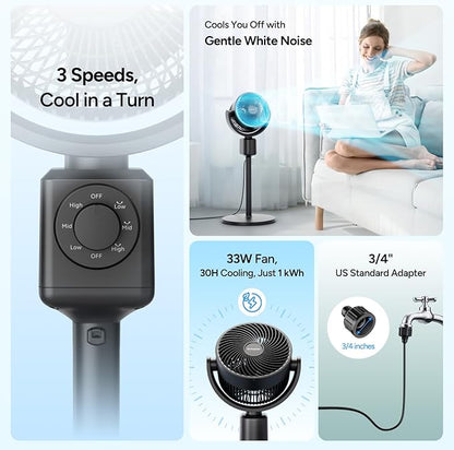 DR.PREPARE Compact Misting Pedestal Fan with Magnetic Mister, Quiet Air Circulator Standing Fan, 16-34" Adj. Height, 70°Auto-Oscillation, 90° Up+10° Down Tilt, 3 Speeds for Small‑Medium Patio Backyard