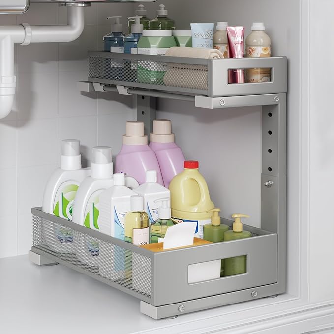 1 Pack-11.4"-16.14" H Under Sink Storage Organizer, Large 2-Tier Elegant Mesh Pull Out Shelf for Kitchen & Bathroom Cabinet Organization, L-Shaped, Adjustable Height-Gun Gray