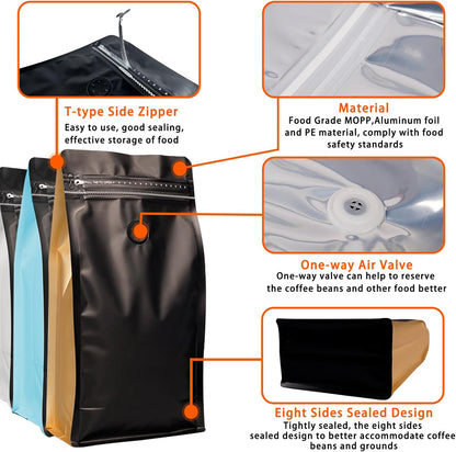 Coffee Bags with Valve (60 PCS,16oz/1lb) Black Side Color High Barrier Aluminum Foil Flat Bottom Standing Coffee Beans Storage Packaging Bags