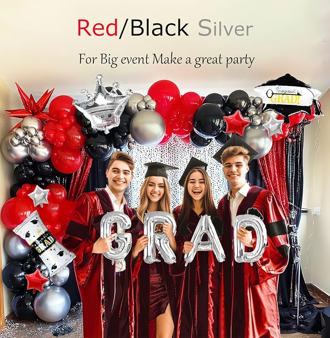 Black red and silver Balloon Garland Arch Kit 130Pcs with red and Silver Stars Graduation Certificate Graduation Cap crown GRAD Letters Mylar Balloons for 2026 GRAD Prom Decorations