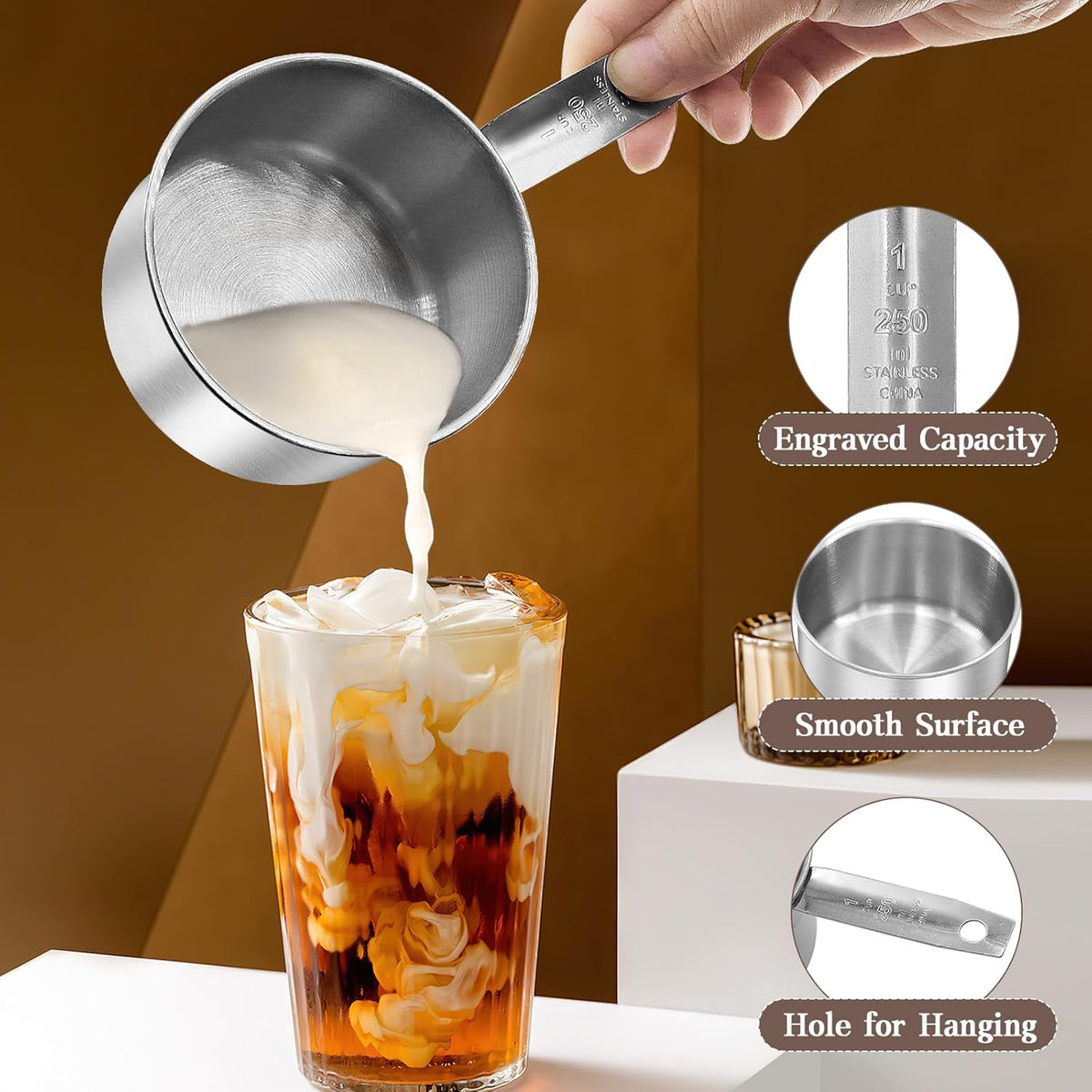 Stainless Steel Measuring Cup, Metal Measuring Cup, Small Measuring Scoops Coffee Scoop with Comfortable Hand for Kitchen Cooking Baking (4, 1 Cup)