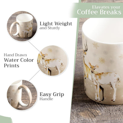 Maison d' Hermine Coffee Mug with Handles Fine Bone China Mugs Pack of One Tea Cups for Hot Beverages Cappuccino Latte Home Restaurant Office Perfect for Gift (Deer In The Woods - Oh Deer, 15 Ounce)