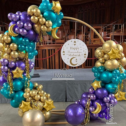144pcs Eid Mubarak Balloon Arch Kit, Ramadan Eid al-Adha Decorations, Turquoise Teal Blue Purple Gold Moon Twinkle Star Balloons Garland, Happy Eid al-Fitr Party Muslim Islamic EID party for Home