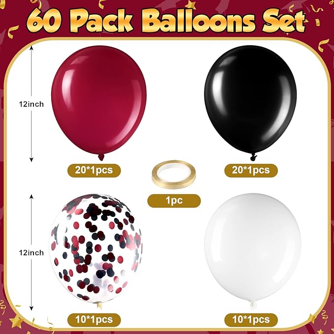 Sratte 60 Pcs 12 Inch Black Red White Balloons Kit Valentine's Day Decorations Confetti Latex Metallic Balloons with 2 Rolls Ribbon Party Favor for Memorial Day Birthdays
