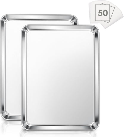 E-far Baking Cookie Sheet Set of 2, 16”x12” Stainless Steel Baking Sheet Pan with 50 Parchment Paper, Rectangle Baking Tray for Cooking Roasting, Rust Free & Heavy Duty, Oven & Dishwasher Safe