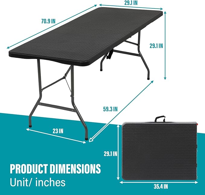 FDW Folding Table Half Portable Foldable Table for Parties Backyard Events (Black Ratten, 6 FT)