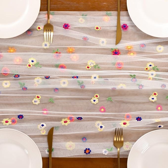 Socomi Flower Table Runner Summer Daisy Floral Tulle Gauze Cheesecloth Embroidery Table Runners for Tea Party Garden Wedding Bridal Baby Shower Birthday Picnic Decor Ivory 1pc