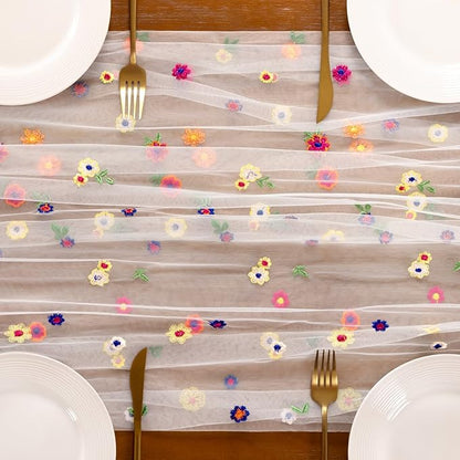 Socomi Flower Table Runner Summer Daisy Floral Tulle Gauze Cheesecloth Embroidery Table Runners for Tea Party Garden Wedding Bridal Baby Shower Birthday Picnic Decor Ivory 1pc
