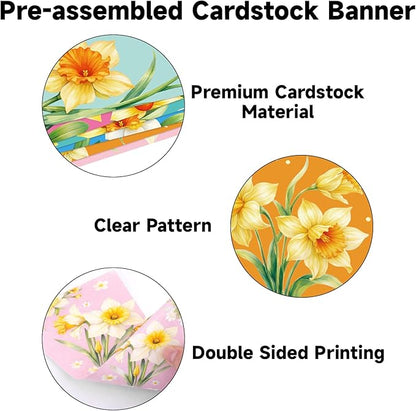 jijAcraft 4 Pack Spring Floral Bunting Banners - Pre-Strung Daffodil Flower Triangle Pennant Banner, Daffodil Spring Party Decorations for St David's Day March Birth Flower Spring Baby Shower Decor