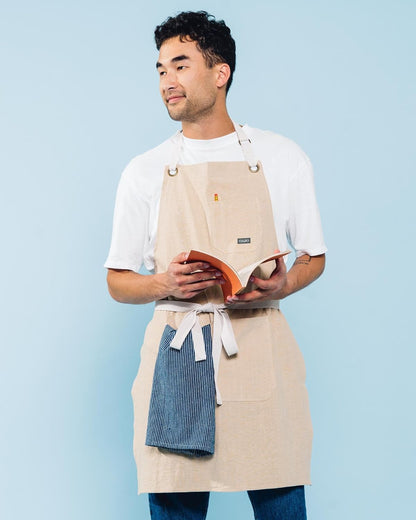 Caldo Linen Kitchen Apron for Cooking- Mens and Womens Linen Bib Apron for Professional Chef, Server, or Barista- Adjustable with Pockets (Bone)