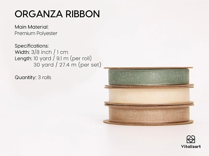 Vitalizart Organza Ribbon 3/8" x 30 Yd Cream White Rose Gold & Dusty Green Sheer Ribbons for Gift Wrapping Crafts Christmas Party Decor Bows Wedding Invitations Wreaths Bouquet