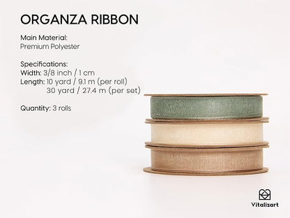 Vitalizart Organza Ribbon 3/8" x 30 Yd Cream White Rose Gold & Dusty Green Sheer Ribbons for Gift Wrapping Crafts Christmas Party Decor Bows Wedding Invitations Wreaths Bouquet