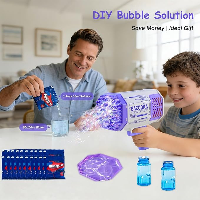 Petrella Toy Bubble Gun for Kids 69 Holes Bubble Machine for Toddlers 1-3 4-8 Girls Boys, Rechargeable Bazooka Bubble Blower Guns for Wedding Summer Outdoor Party with Bubble Solution