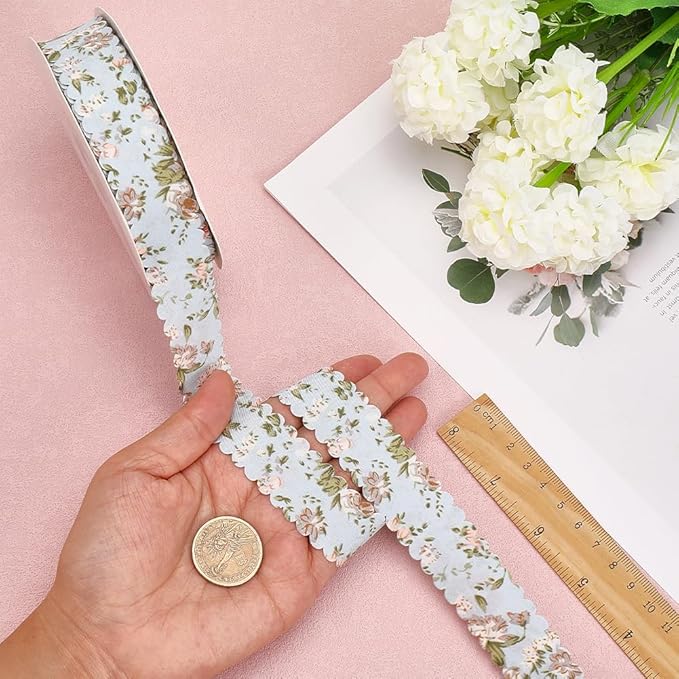 20 Yards Blue Floral Print Ribbon Flower Pattern Ribbon Vintage Spring Polyester Wavy Edge Ribbons Bulk with Spool for Sewing Making Wreath Wedding Crafts Bouquet Birthday Decor Christmas