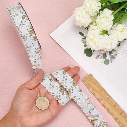 20 Yards Blue Floral Print Ribbon Flower Pattern Ribbon Vintage Spring Polyester Wavy Edge Ribbons Bulk with Spool for Sewing Making Wreath Wedding Crafts Bouquet Birthday Decor Christmas