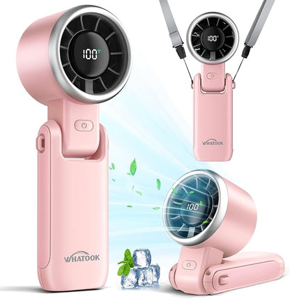 WHATOOK Portable Handheld Turbo Fan: 12m/s Strong Wind Mini Fan for Makeup & Lash, 4000mAh Battery Operated Rechargeable Personal Fan with LED Display, 3 in 1 Foldable Small Fan for Concerts, (Pink)