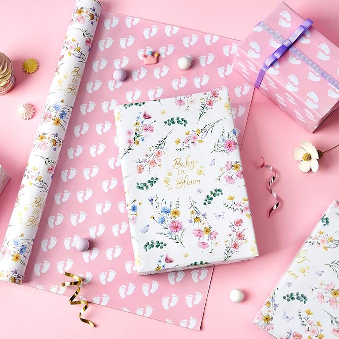 WERNNSAI Baby Wrapping Paper - 1 Roll 17” x 33 ft Baby Shower Wrapping Paper Pink Floral Gift Wrap Reversible New Born Girls 1st Birthday Present Packing Cute Foot Prints Design