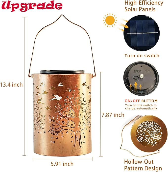 Tree of Life Solar Lantern Outdoor Waterproof, Large 13.4" Metal Hanging Decorative Lantern, Enlarged Solar Panel & 2000mAh Battery, Warm Glow for Garden, Patio Decor – Housewarming Gift for Women
