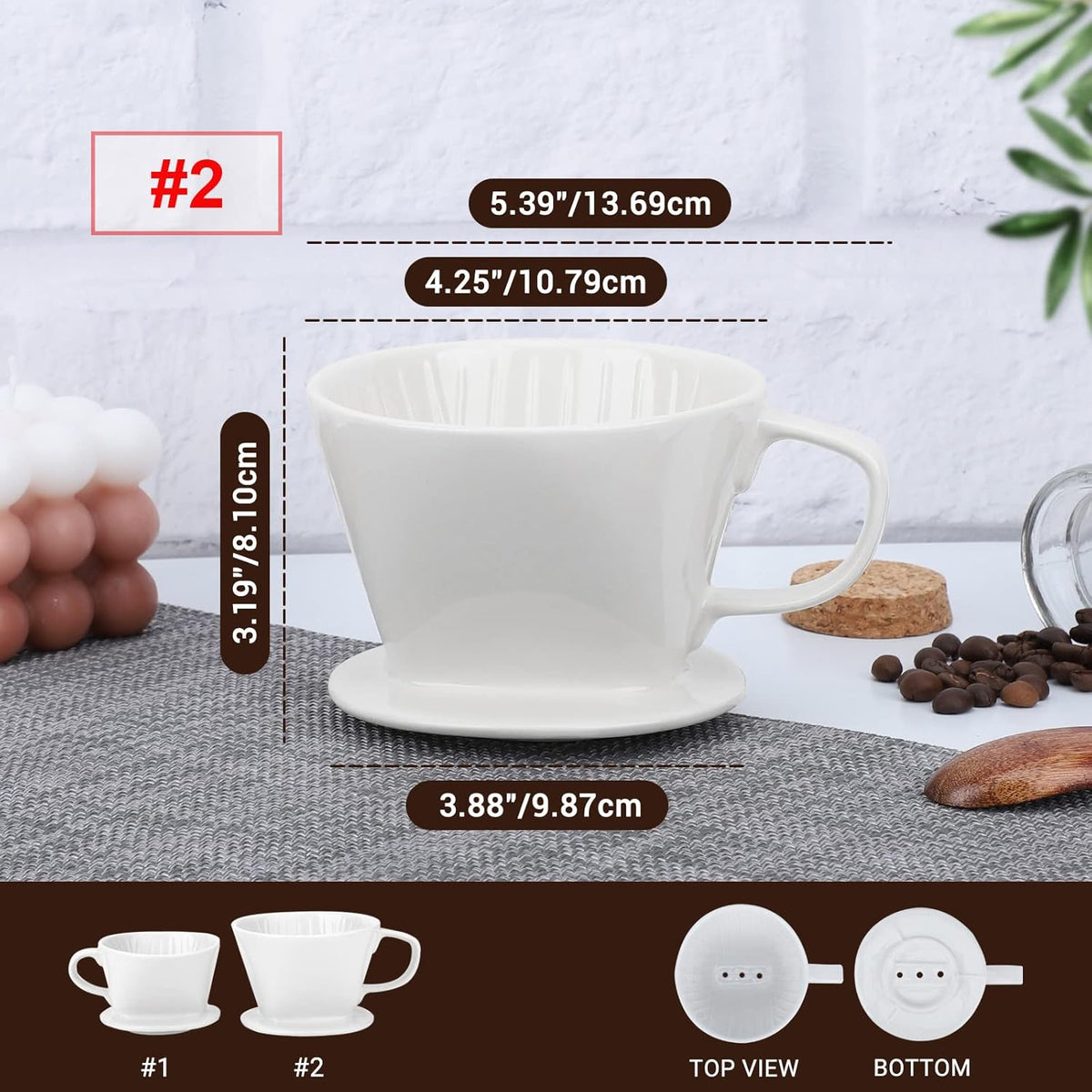 Segarty Pour Over Coffee Maker, Single Cup White Ceramic Coffee Dripper, Size No.2 Reusable Filter Cone Drip Holder Slow Brewer with 3 Holes Flat
